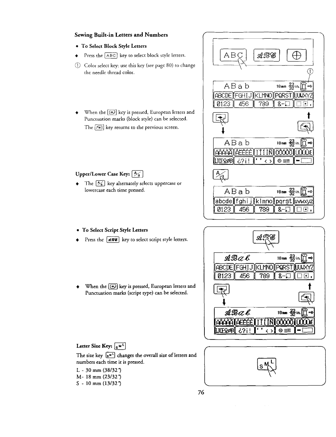 Kenmore 385. 19000 owner manual Sewing Built-in Letters and Numbers, To Select Block Style Letters, Upper/Lower Case Key 