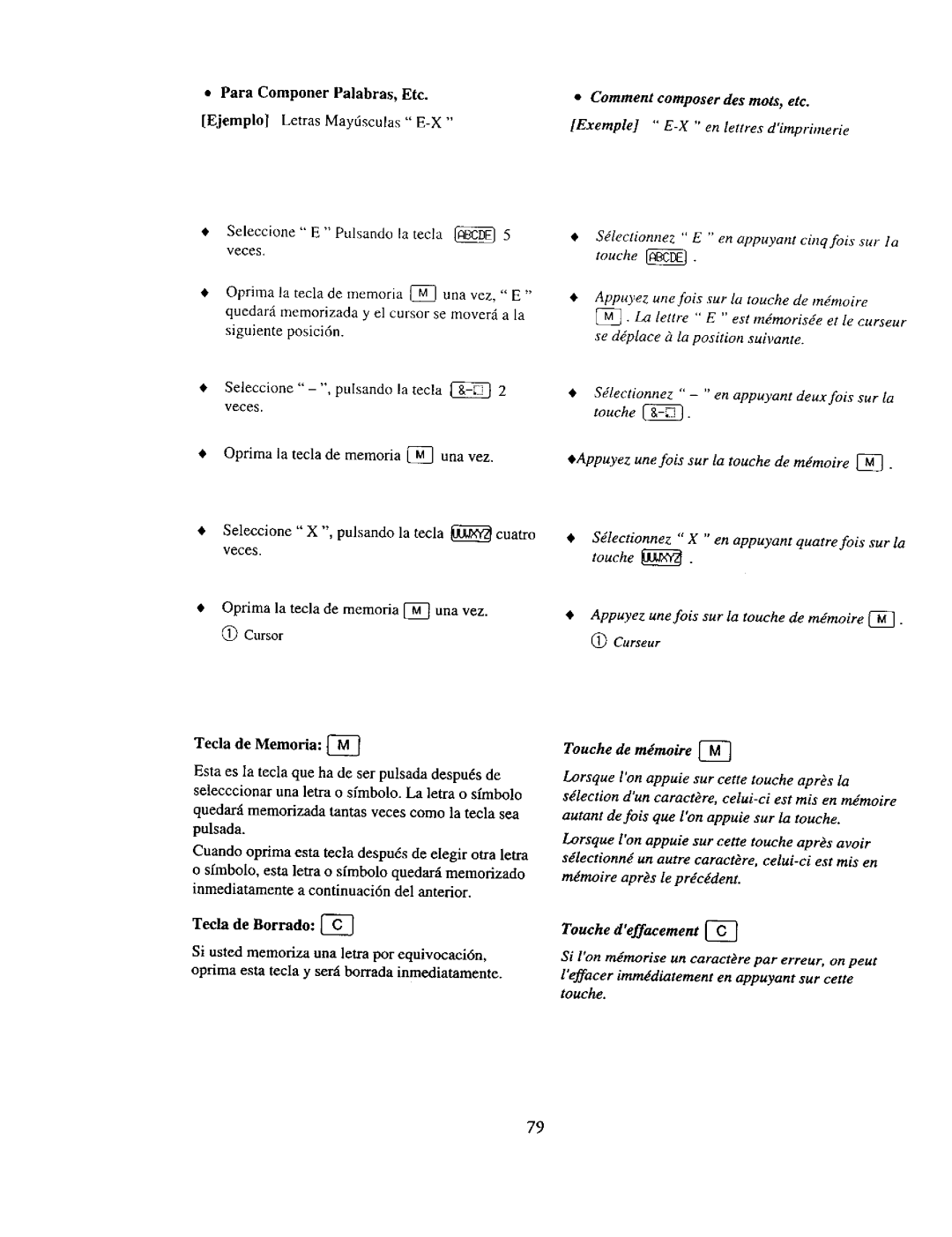 Kenmore 385. 19000 owner manual Para Componer Palabras, Etc. Ejemplo Letras Maytsculas E-X, Comment composer des roots, etc 