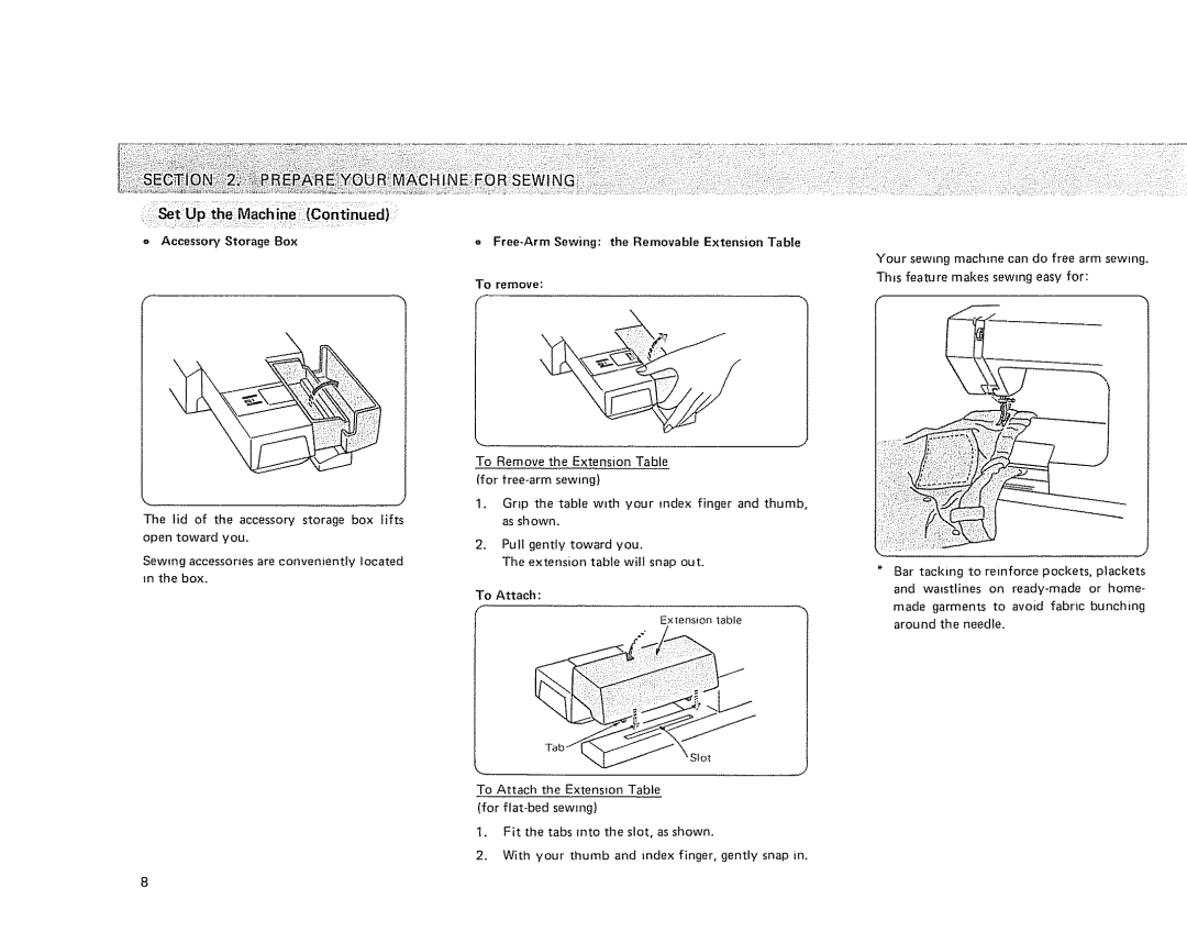 Kenmore 385 owner manual Free-ArmSewing the Removable Extension Table To remove 