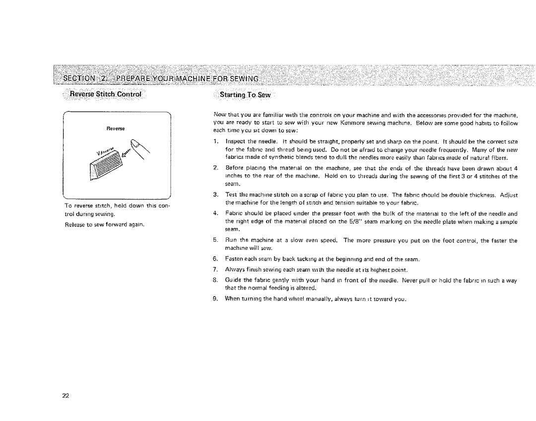 Kenmore 385 owner manual Starting To Sewii, Reverse 