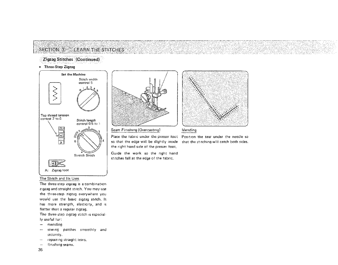 Kenmore 385 owner manual Three-Step Zigzag, Mending Posmon the tear under the needle so 