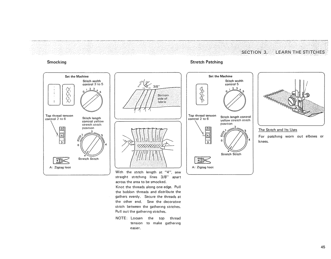 Kenmore 385 owner manual NTNEisTI, Smocking Stretch Patching, Sgt the Machine, Control 3 to, Width 