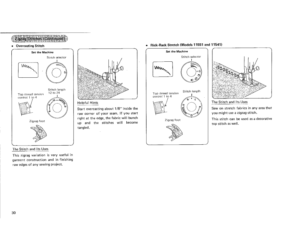 Kenmore 385.115518, 385.101118 owner manual Overcasting Stitch, Rick-Rack Stretch Models 11551 an= Set the Machine, Hints 