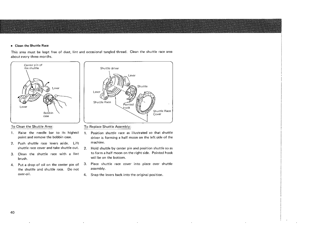 Kenmore 385.115518, 385.101118 owner manual O.oeek po,nto7, Clean the Shuttle Race 