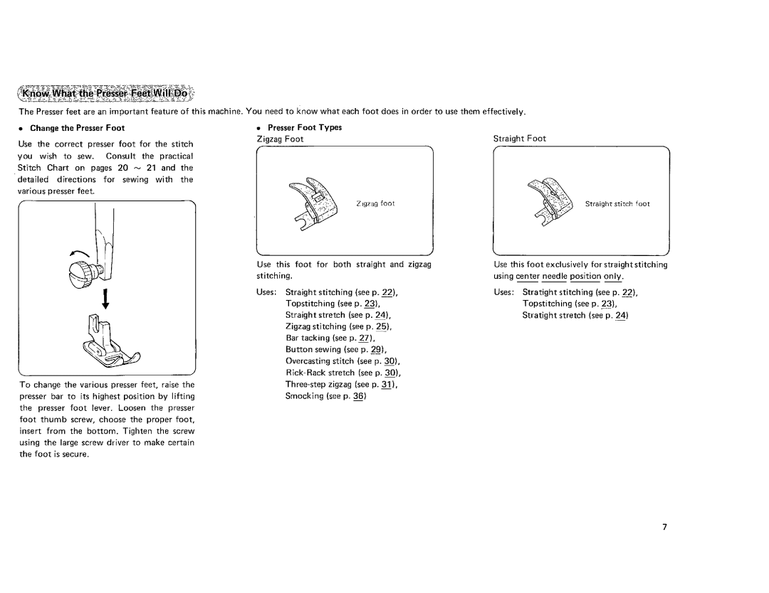 Kenmore 385.101118, 385.115518 owner manual Change the Presser Foot, Various presser feet, Presser Foot Types 