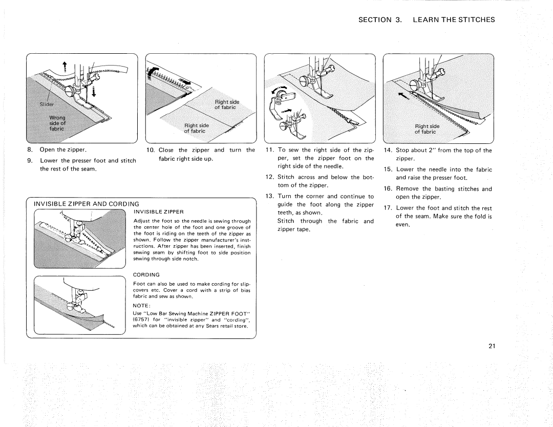 Kenmore 385.12614, 385.11607 owner manual Invisible Zipper and Cording 