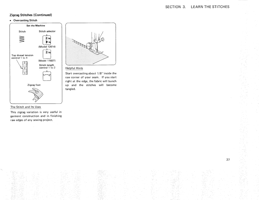 Kenmore 385.12614, 385.11607 owner manual Zigzag Stitches, = Overcasting Stitch 