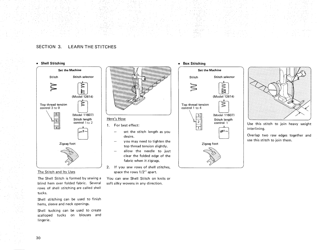 Kenmore 385.11607, 385.12614 owner manual Shell Stitching, Box Stitching Set the Machine, Vlodel 