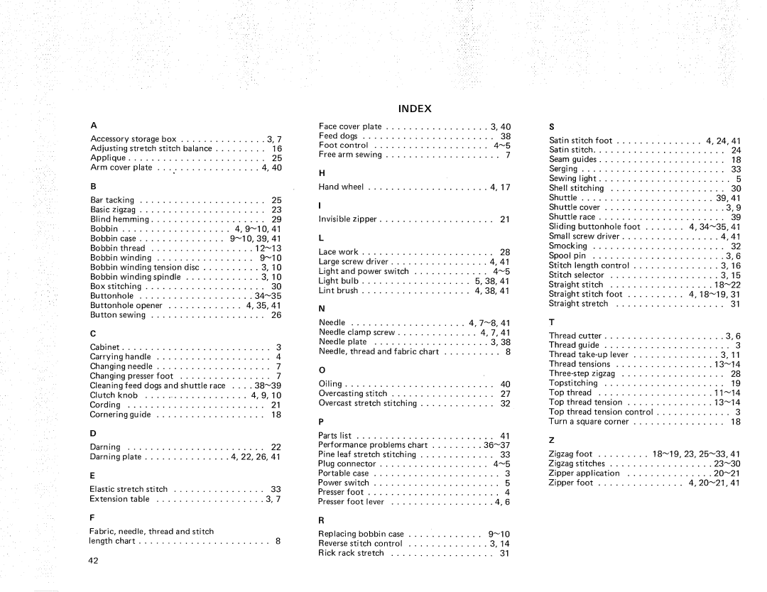 Kenmore 385.11607, 385.12614 owner manual Index, Needle clamp Screw Plate Needle, thread Fabric chart 