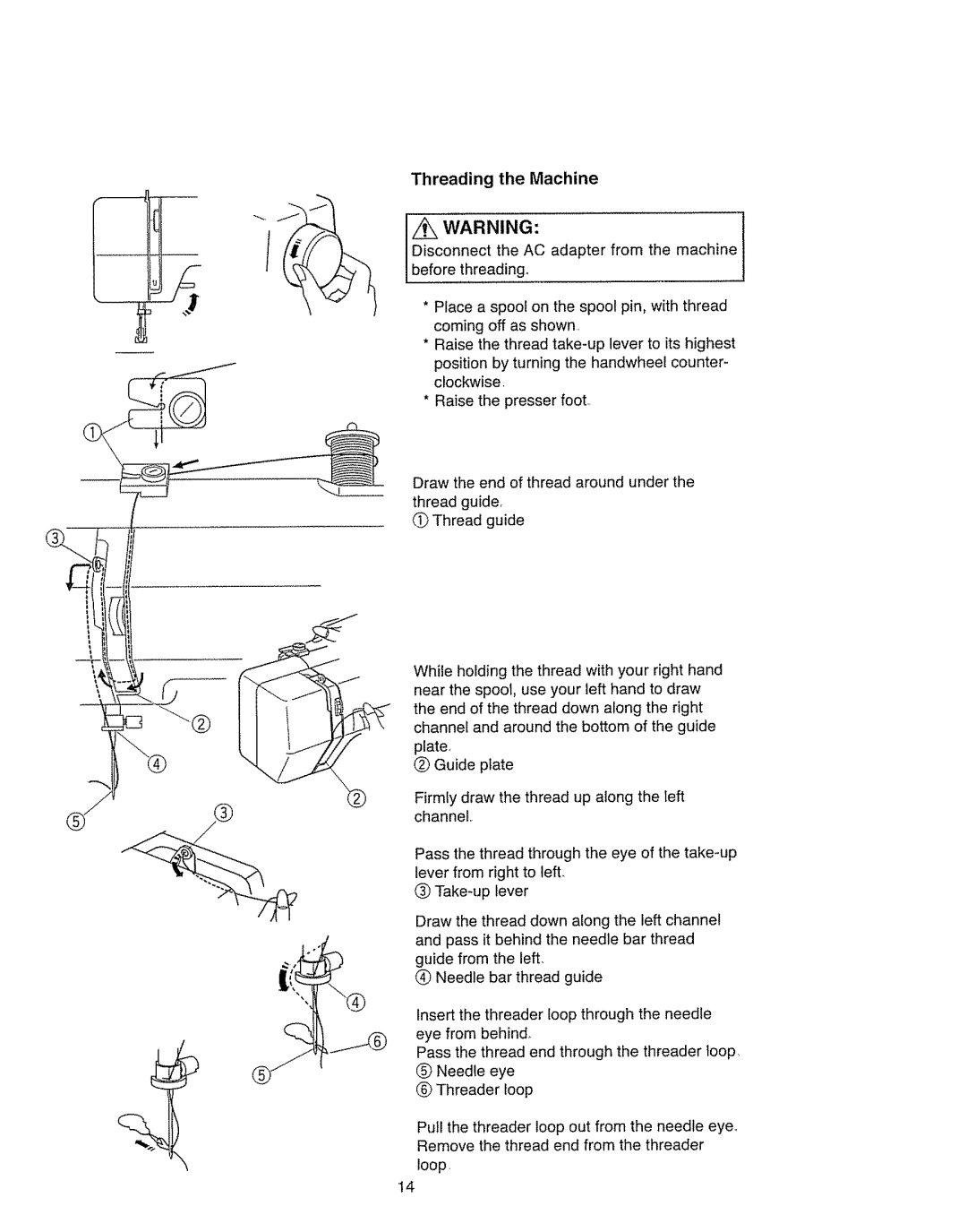 Kenmore 385.11703 owner manual Threading Machine, Disconnect the AC adapter from the machine, Before threading, Plate 