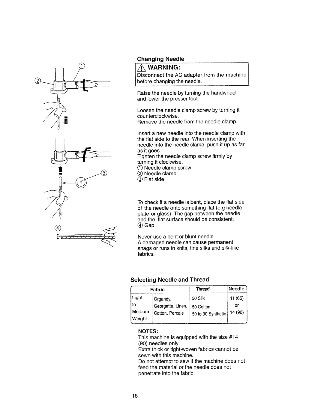 Kenmore 385.11703 owner manual Selecting, Thread, Light, Georgette,Linen, Medium Cotton,Percale 