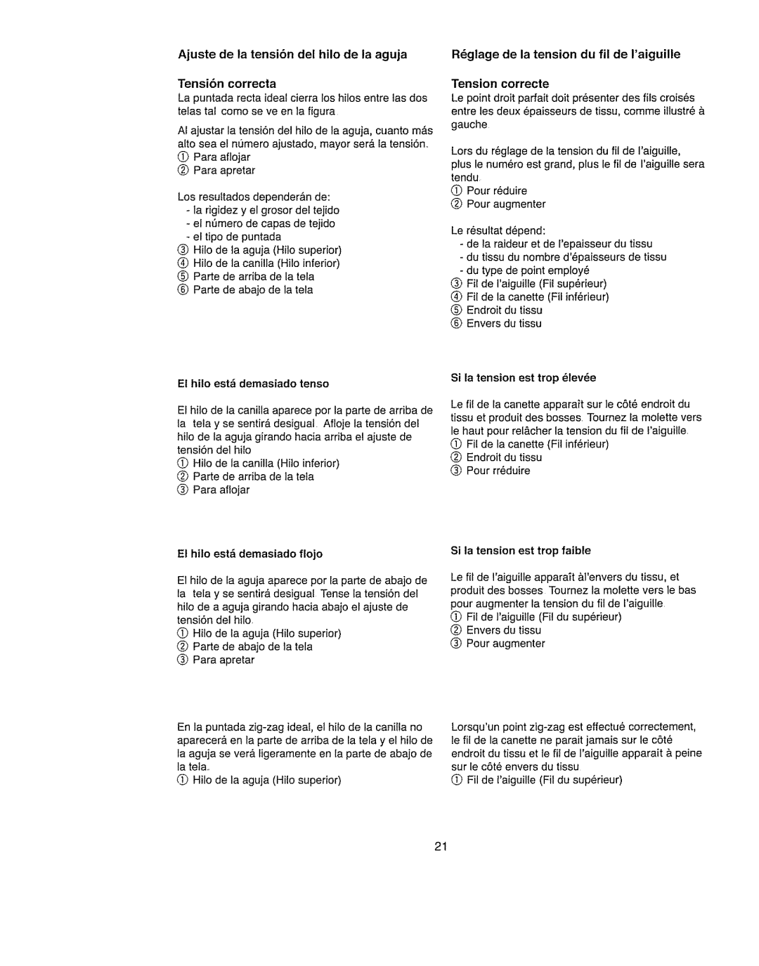 Kenmore 385.11703 owner manual Si la tension est trop leve, El hilo est demasiado tenso, El hilo est& demasiado flojo 