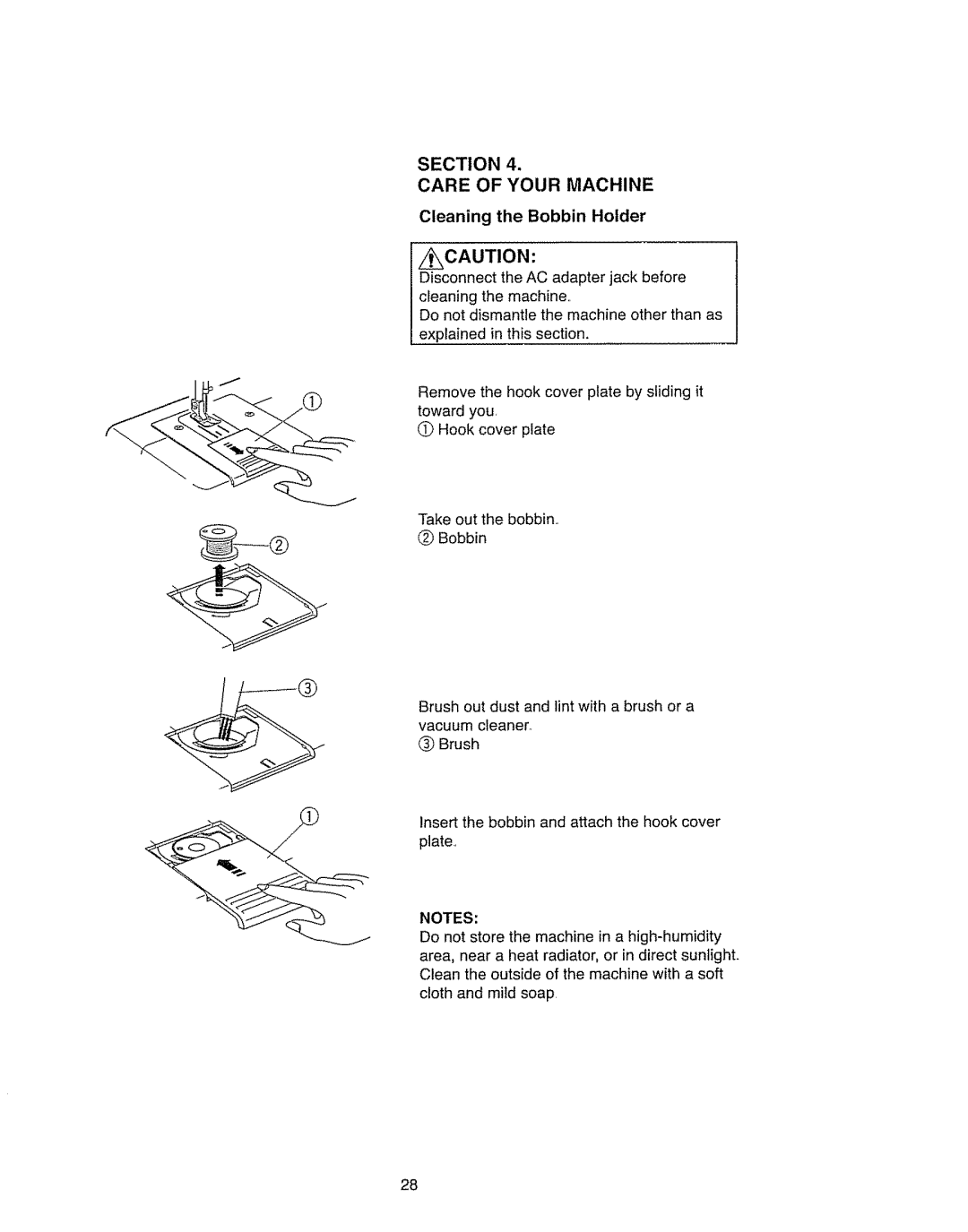 Kenmore 385.11703 owner manual Section Care of Your Machine, Cleaning the Bobbin Holder 