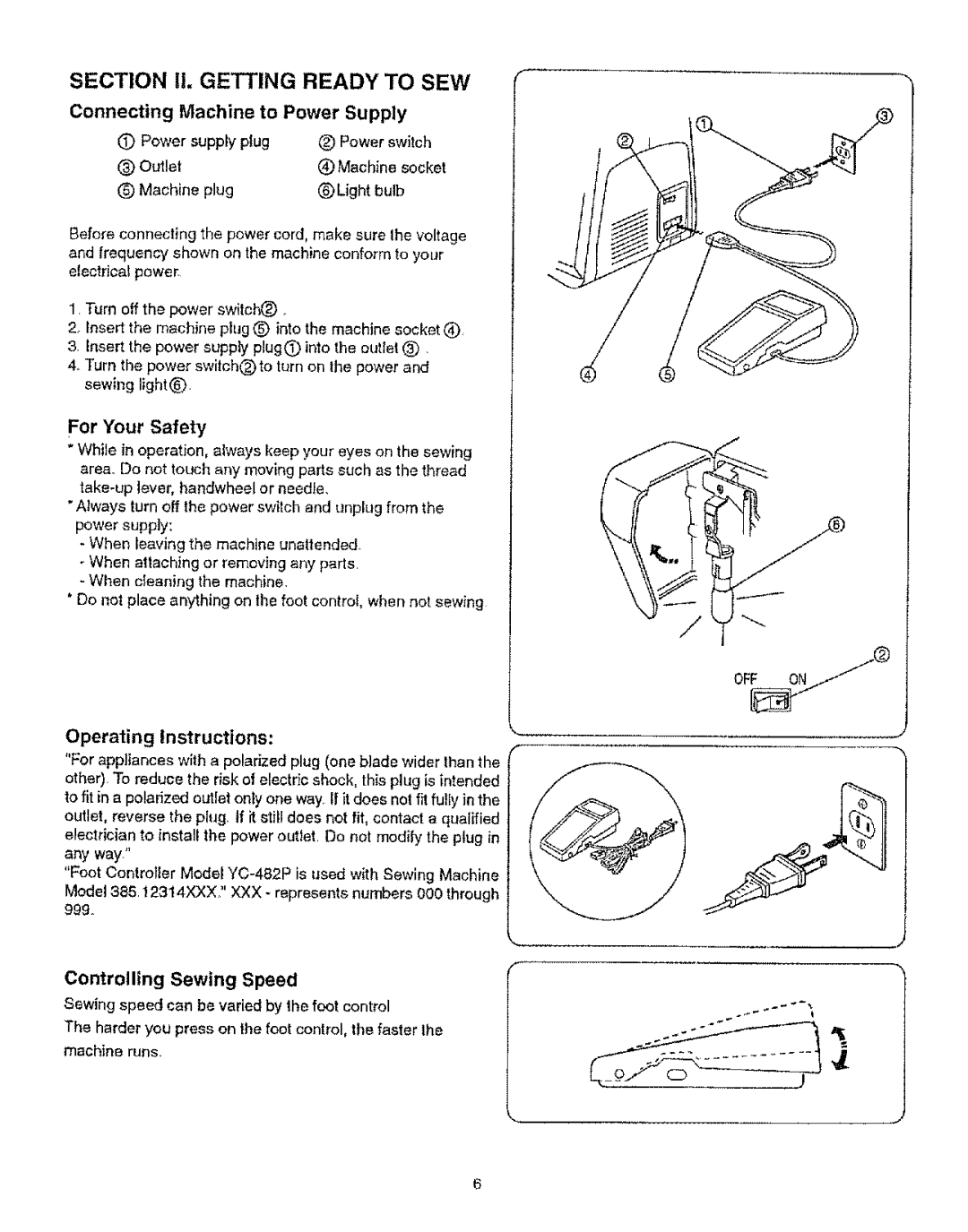 Kenmore 385.12314 Connecting Machine to Power Supply, For Your Safety, Operating Instructions, Controlling Sewing Speed 