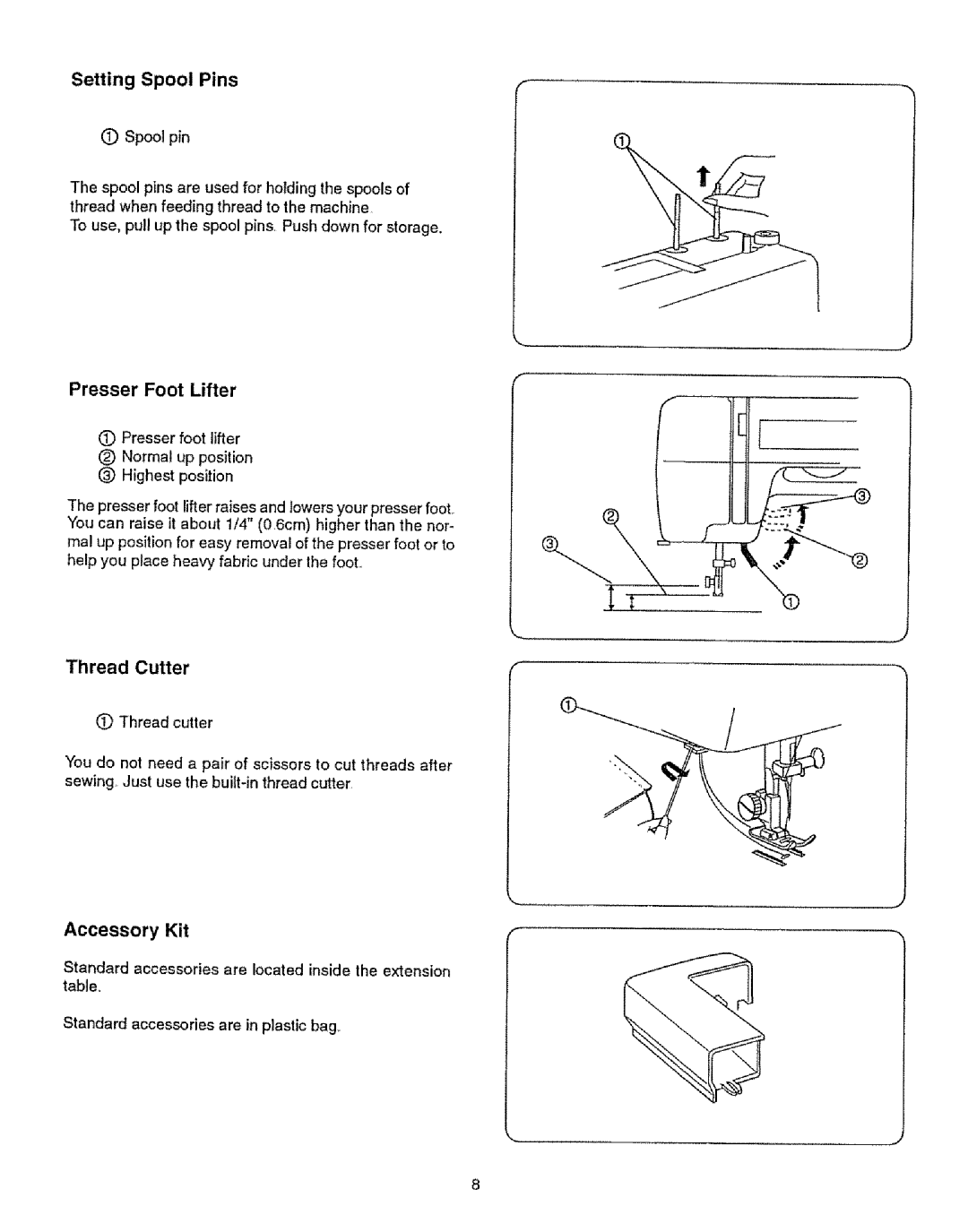 Kenmore 385.12314 owner manual Setting Spool Pins, Presser Foot Lifter, Accessory Kit, Thread Cutter 