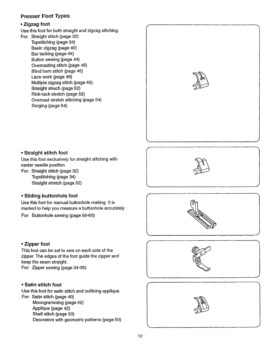 Kenmore 385.12314 owner manual Presser Foot Types 