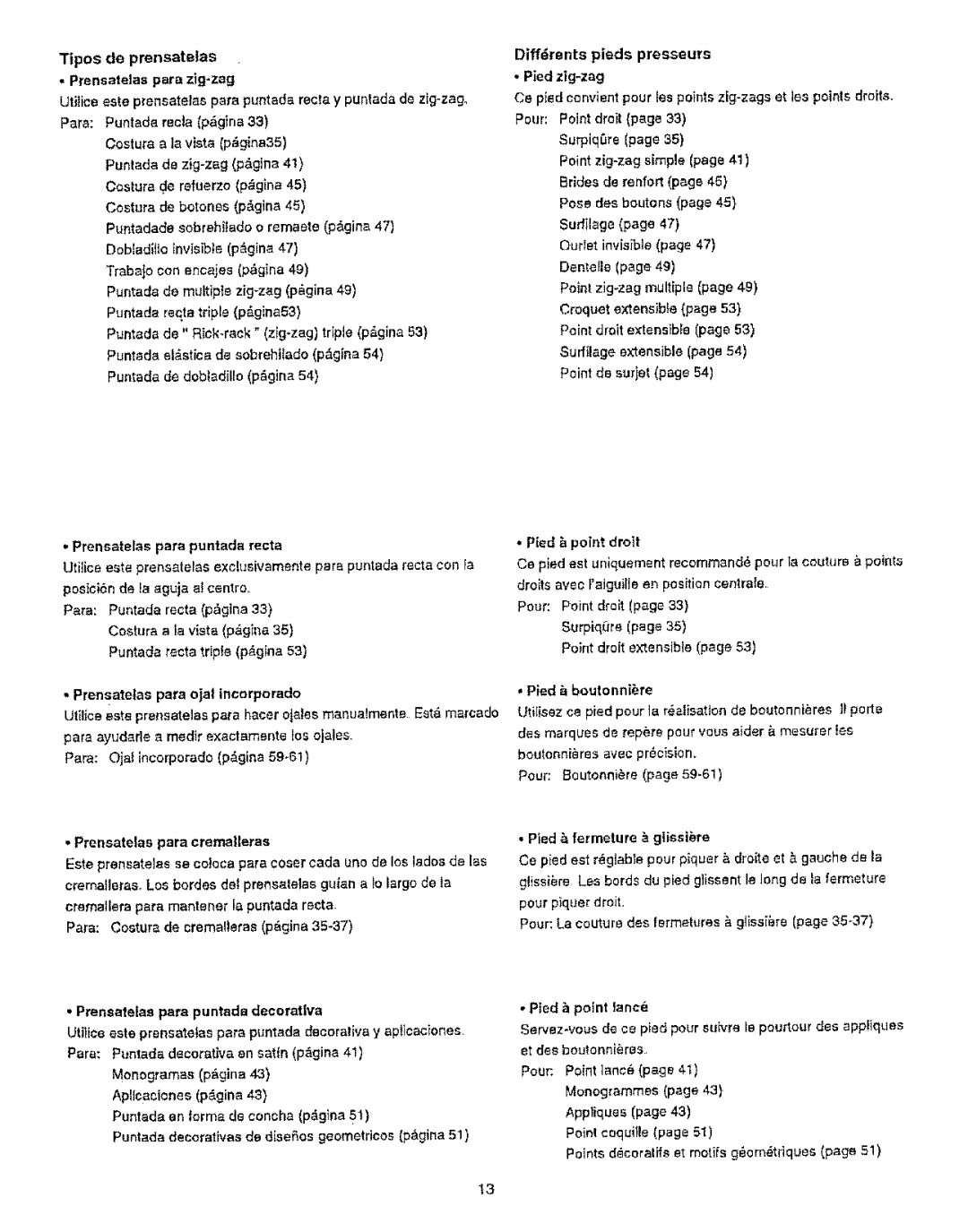 Kenmore 385.12314 owner manual Tipos de prensatelas Prensatelas para zig-zag, Prensatelas para puntada recta, Pied zig-zag 