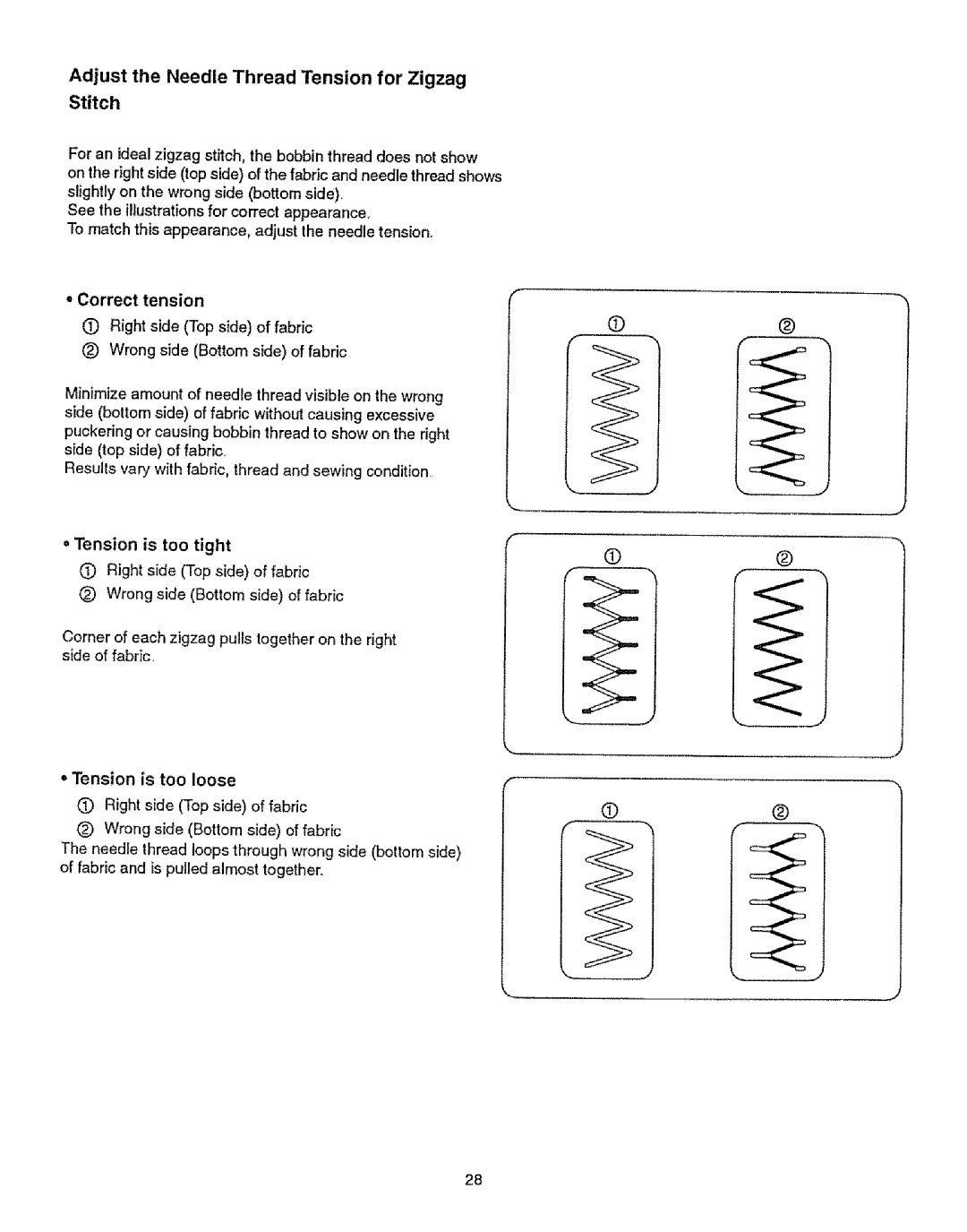 Kenmore 385.12314 owner manual Adjust the Needle Thread Tension for Zigzag Stitch, Is too tight, Tension is too loose 