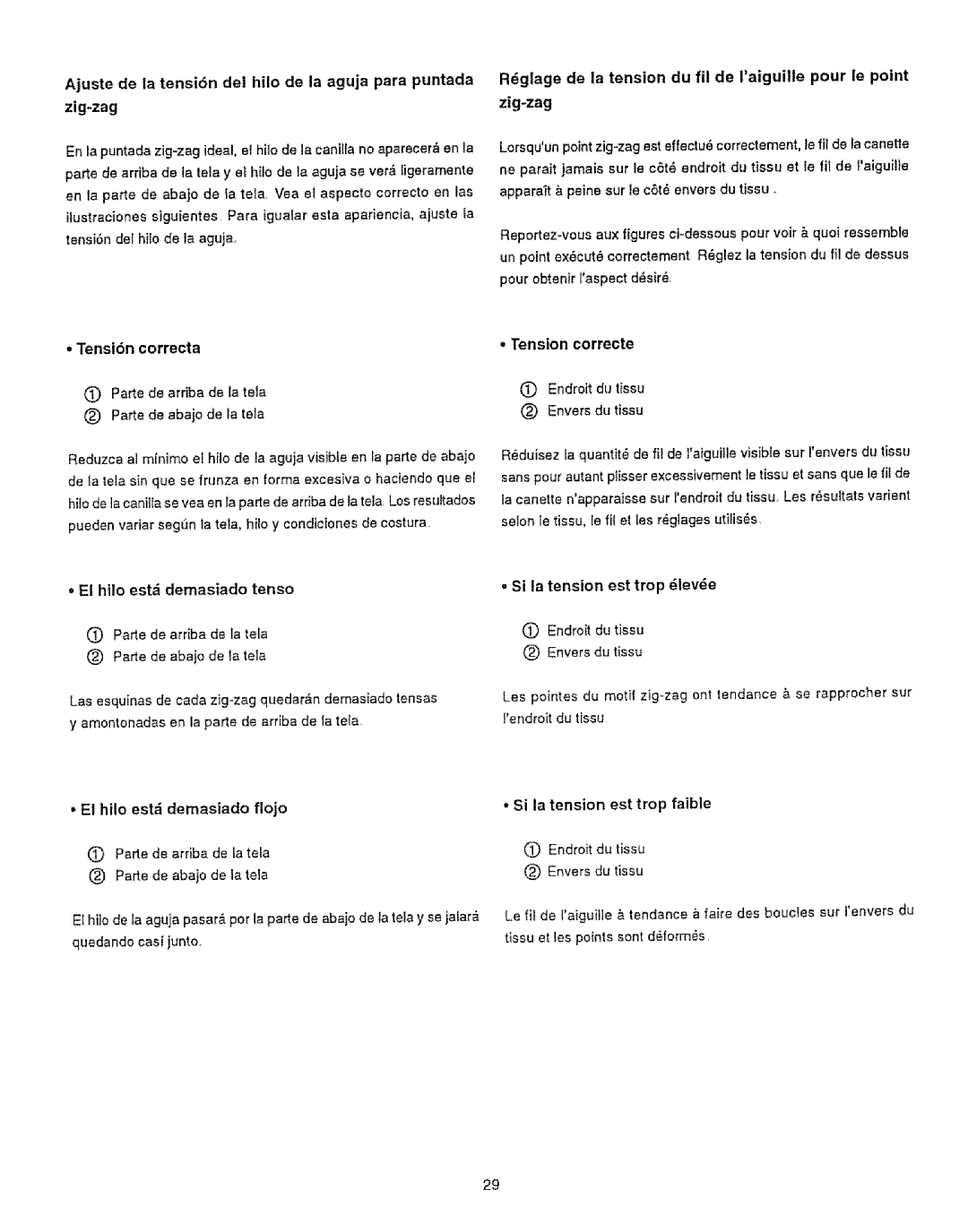 Kenmore 385.12314 owner manual Tension correcte, Endroit du tissu Envers du ttssu, El hilo estd demasiado flojo 