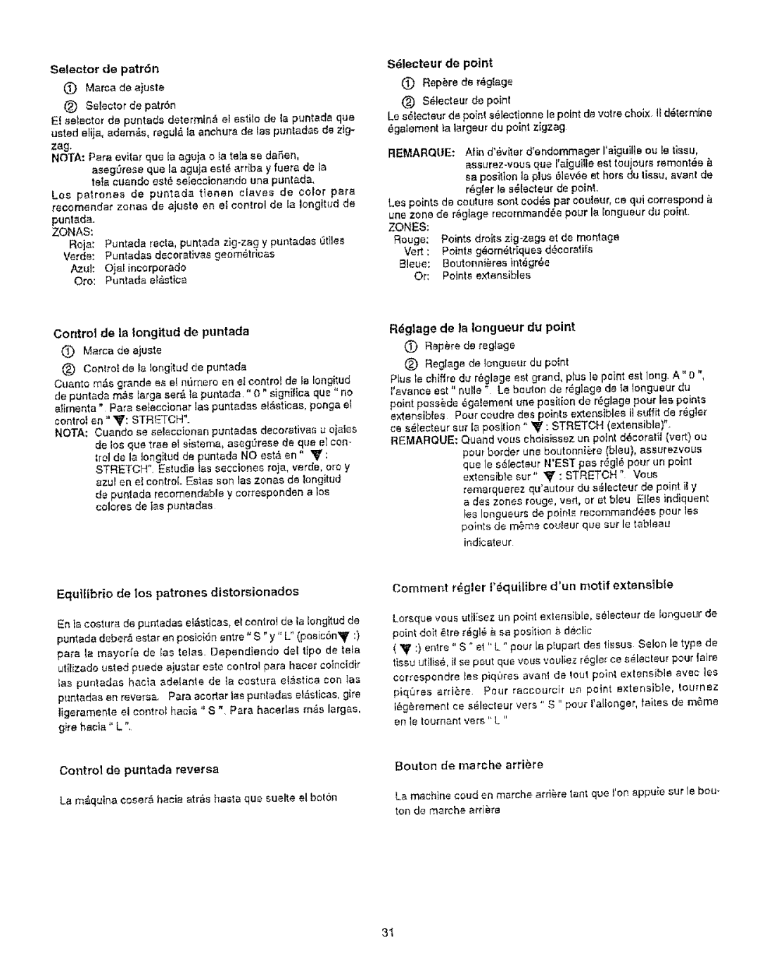 Kenmore 385.12314 owner manual Equilibrio de los patrones distorsionados, Rdglage de la Iongueur du point 