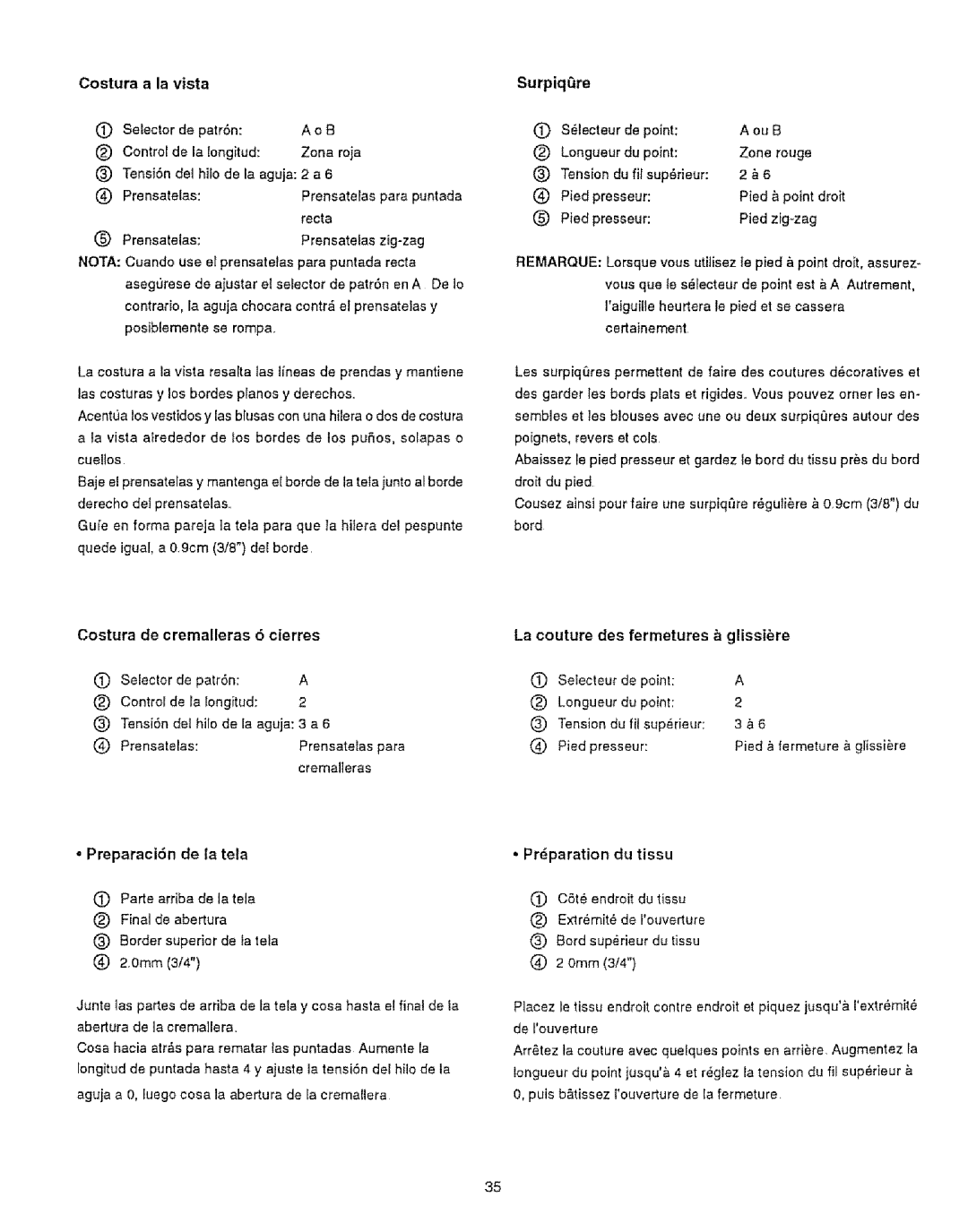 Kenmore 385.12314 owner manual Costura a la vista, SurpiqQre, La couture des fermetures glissire 