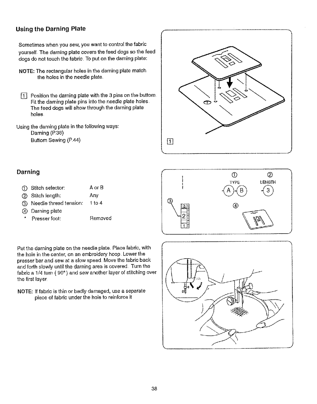 Kenmore 385.12314 owner manual Using the Darning Plate, P38, Thread tension 