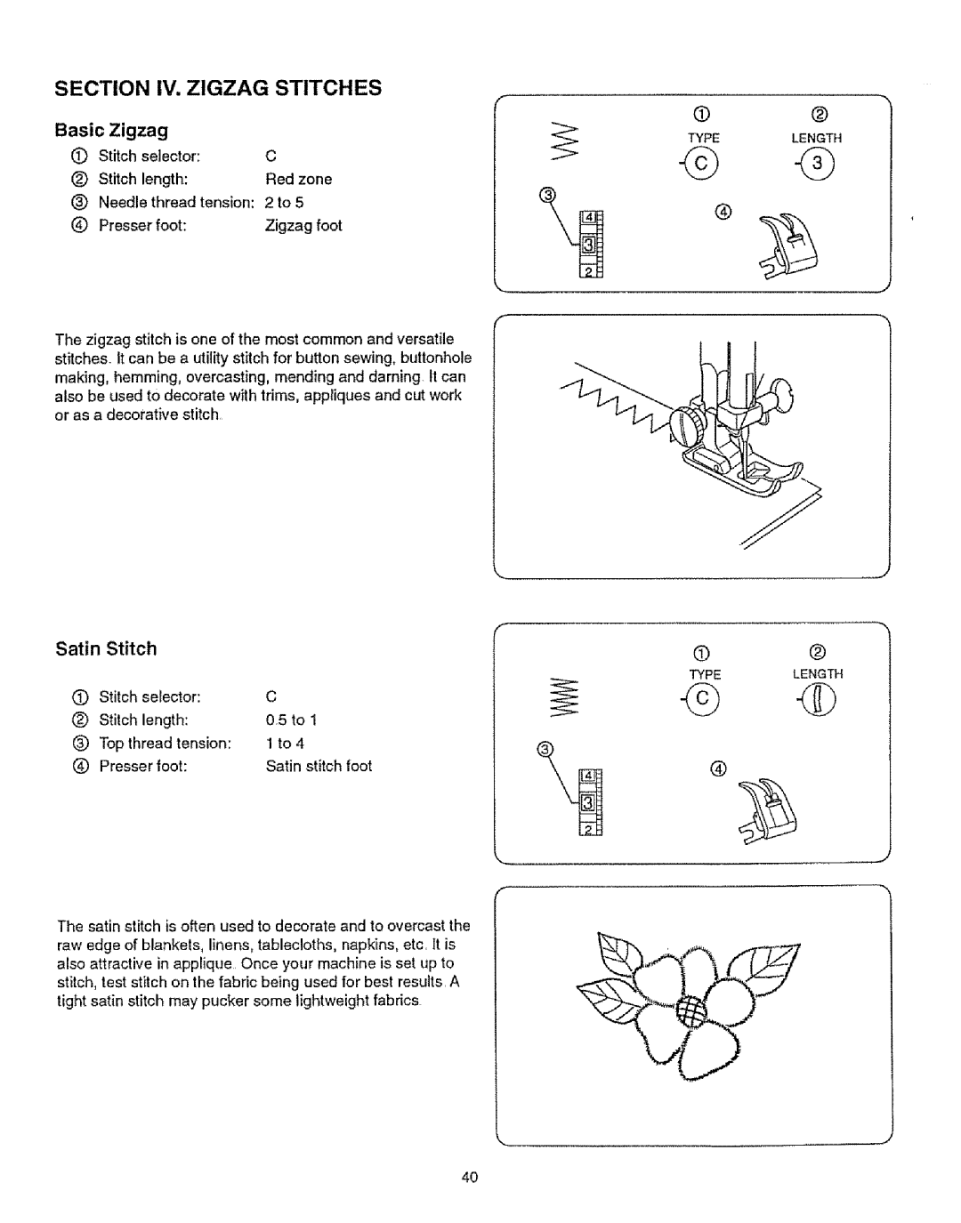 Kenmore 385.12314 owner manual Basic Zigzag, Satin Stitch 