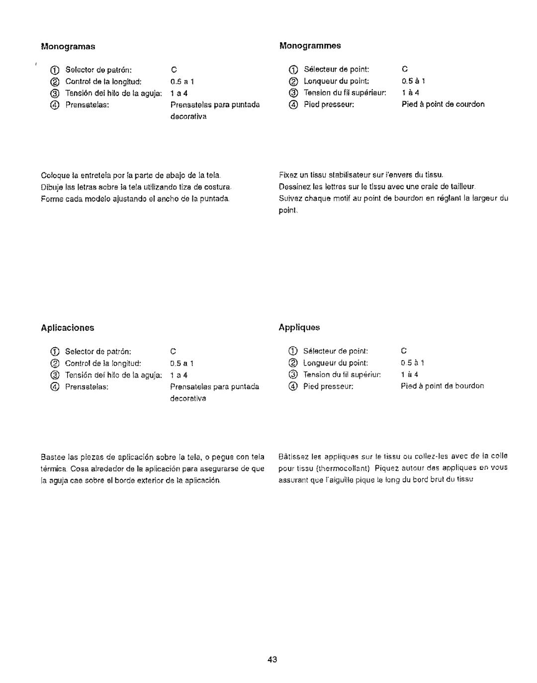 Kenmore 385.12314 owner manual Monogramas, Aplicaciones Appliques, Monogrammes, Decorativa, De point 