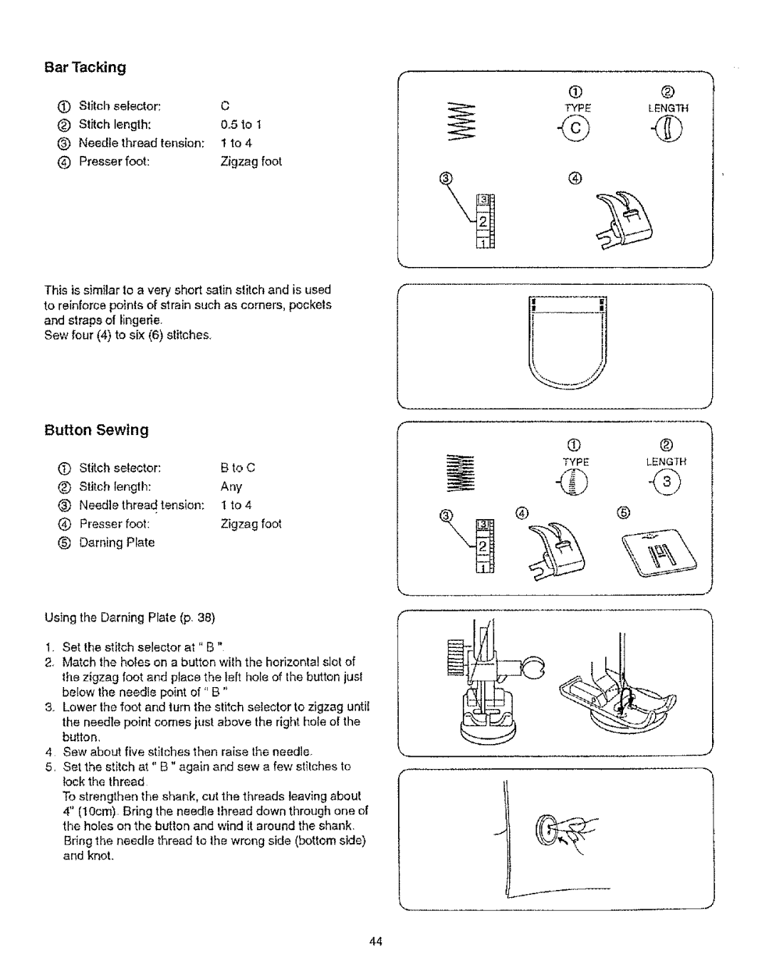 Kenmore 385.12314 owner manual Bar Tacking, Button Sewing, Needle thread tension 