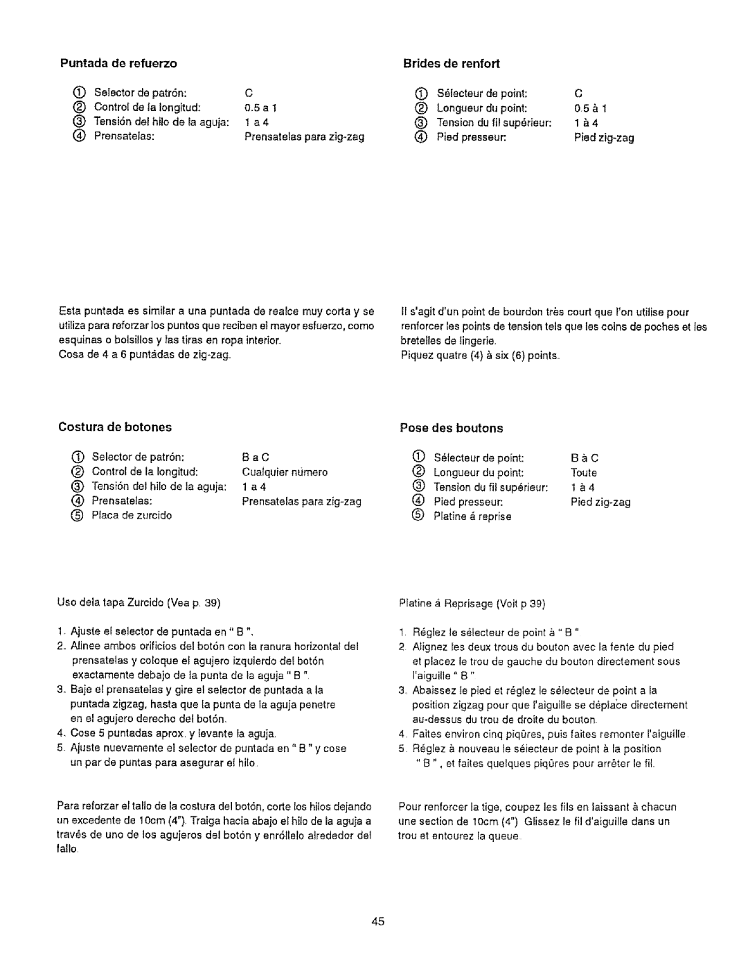 Kenmore 385.12314 owner manual Puntada de refuerzo, Brides De renfort, Costura de botones Posedesboutons, Du point, Fallo 