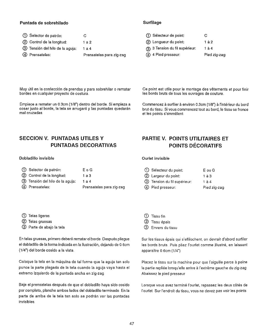 Kenmore 385.12314 owner manual Puntada de sobrehilado, Surfilage, Dobladillo invisible 