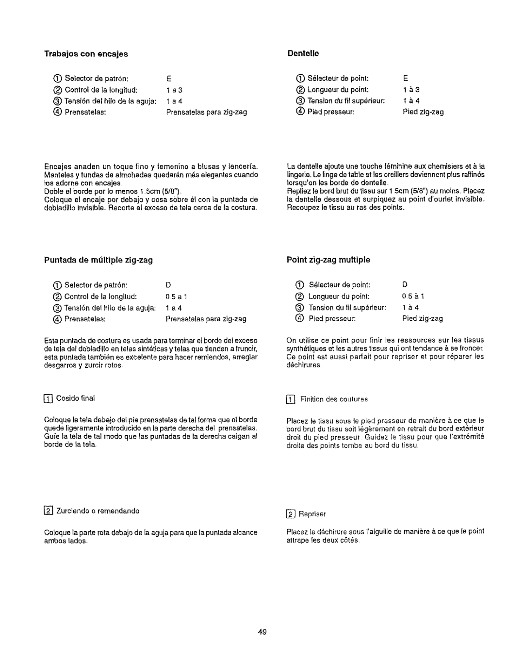 Kenmore 385.12314 owner manual Trabajos con encajes, Dentelle, Puntada de multiple zig-zag, Point Zig-zag Multiple 