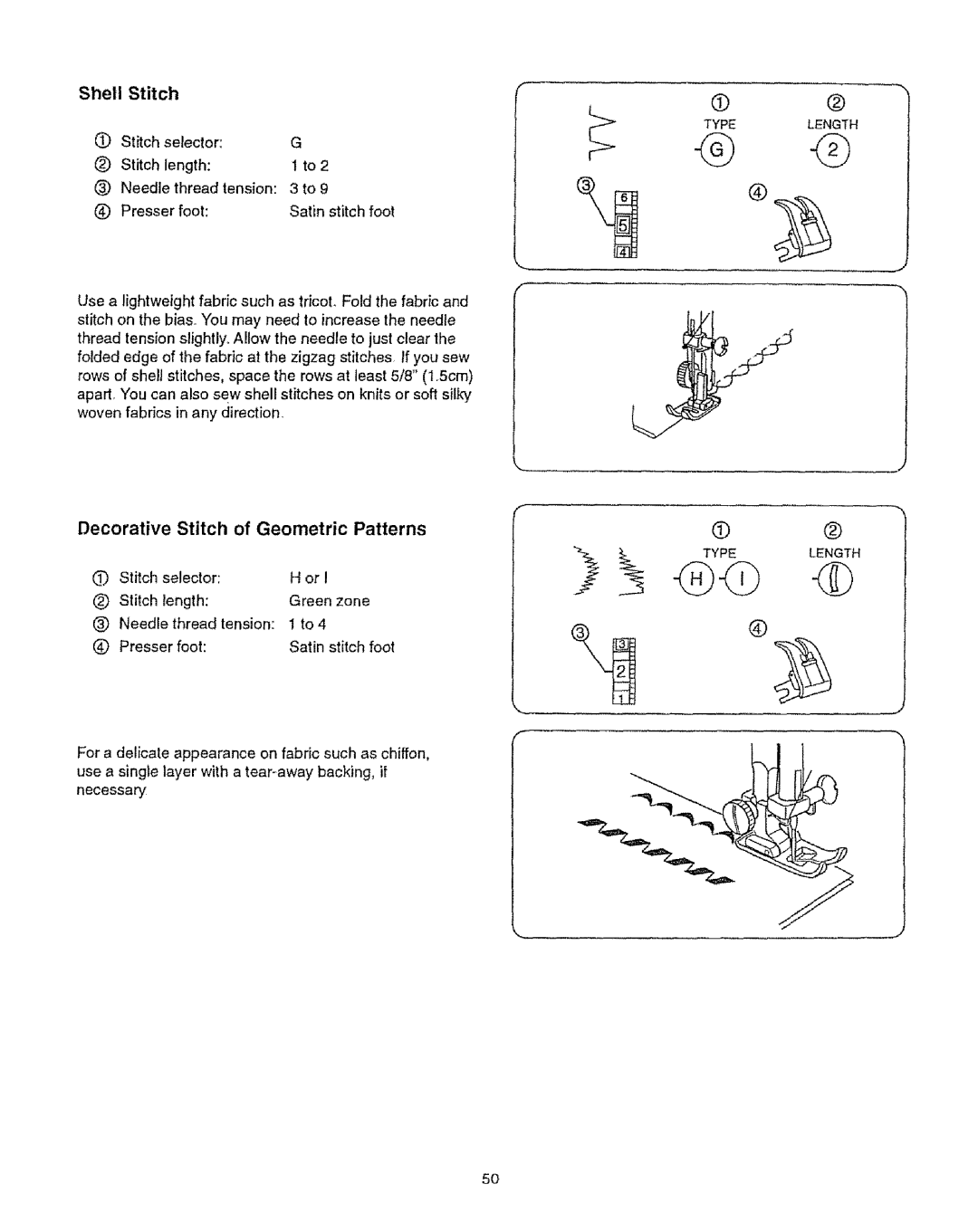 Kenmore 385.12314 Decorative Stitch of Geometric Patterns, Shell Stitch, Needle thread tension 3 to, Stitch Selector 