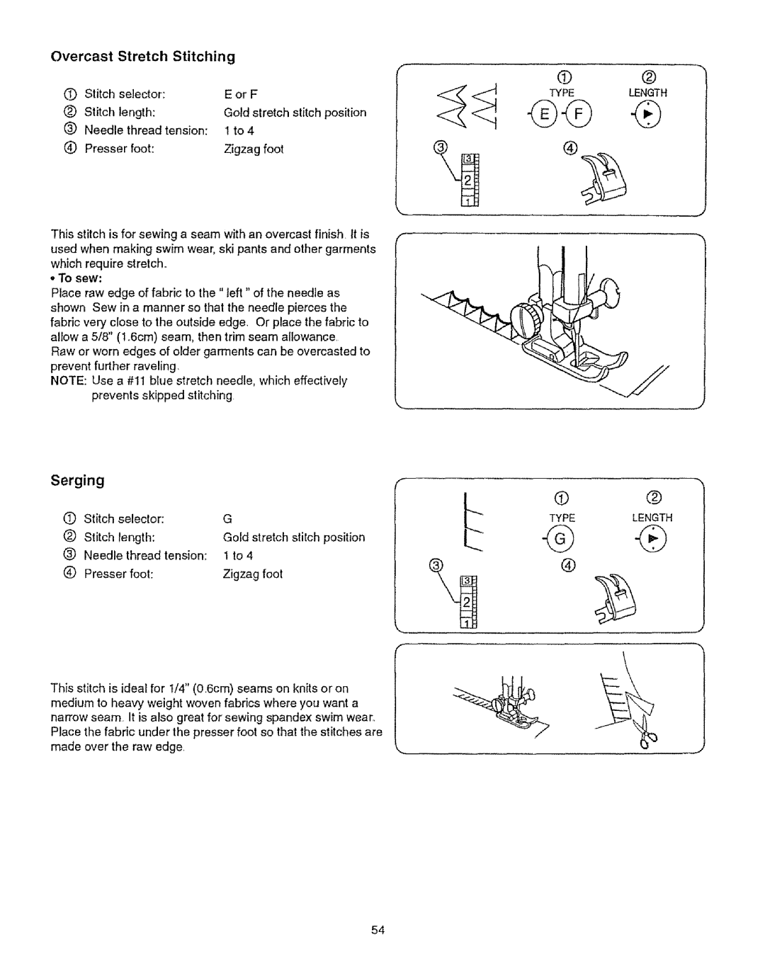 Kenmore 385.12314 owner manual Serging, Overcast Stretch Stitching, Tension 1 to4 