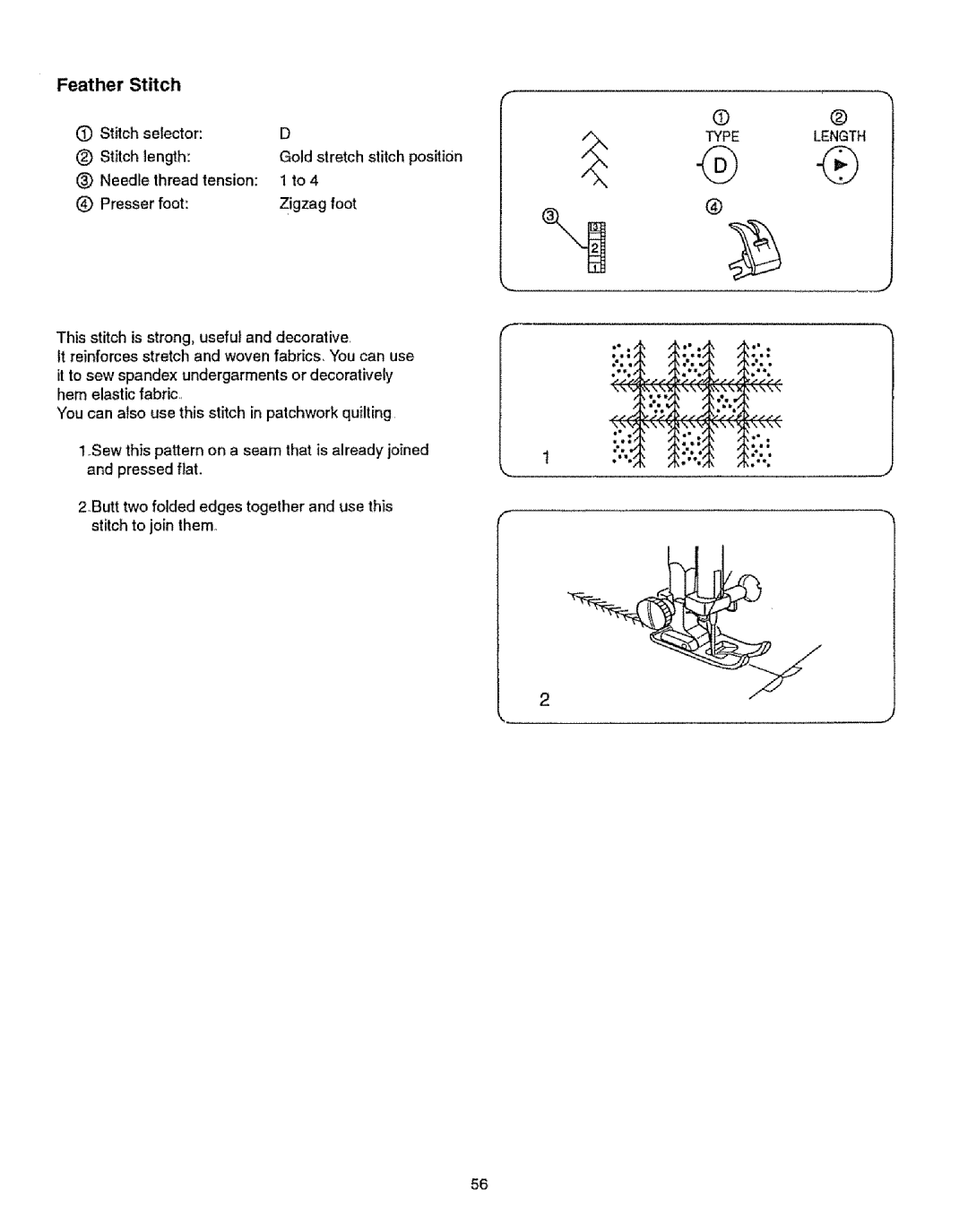 Kenmore 385.12314 owner manual Feather Stitch, Length, You can also use this Stitch in patchwork quilting 