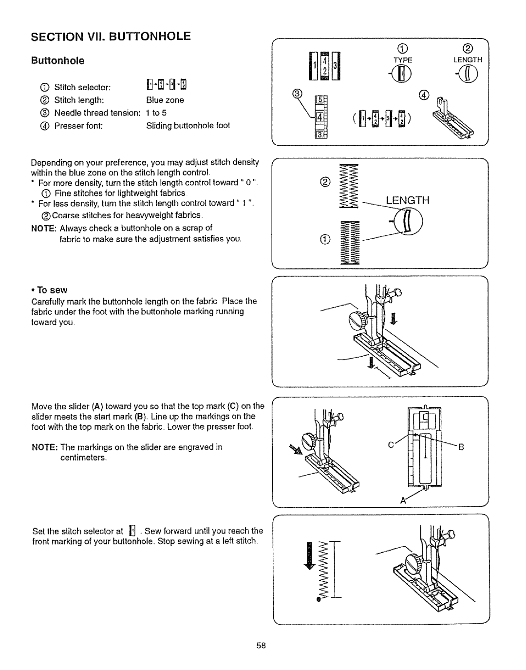 Kenmore 385.12314 owner manual Section VII. Buttonhole 