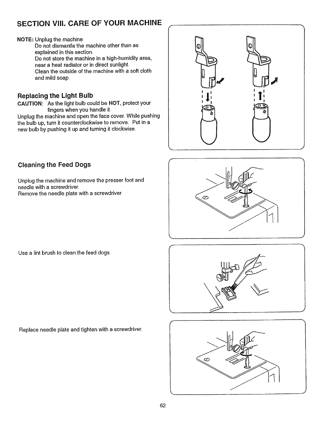 Kenmore 385.12314 owner manual Section VIII. Care of Your Machine, Replacing the Light Bulb 