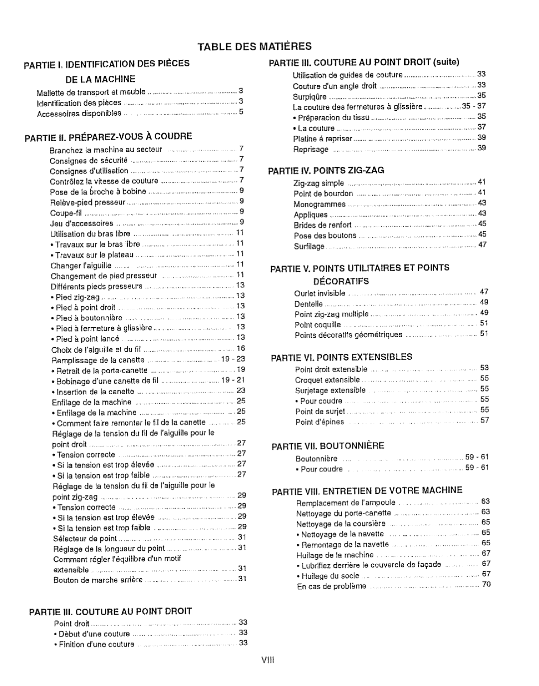 Kenmore 385.12314 owner manual Tdentification des pices, Vilt, Partie III. Couture AU Point Droit suite, Oudet invisible 