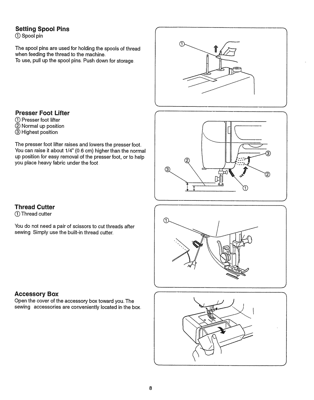 Kenmore 385.151082 owner manual Presser Foot Lifter, Thread Cutter, Setting Spool Pins, Accessory Box 