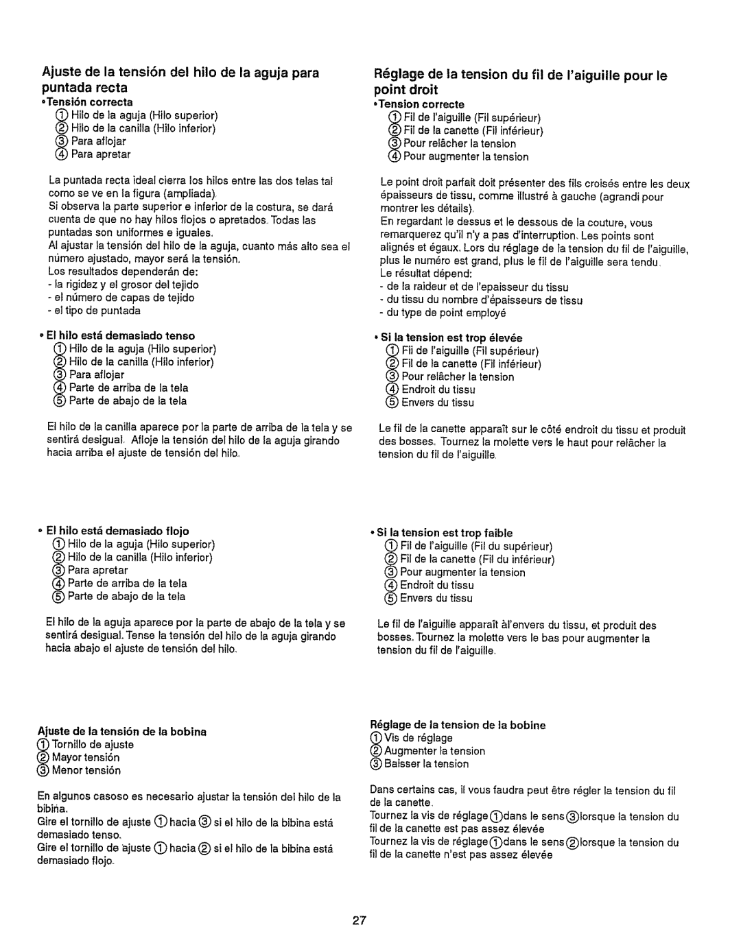 Kenmore 385.151082 owner manual Ajuste de la tensi6n del hilo de la aguja para, Puntada recta, Mayortensi6n, MenortensiSn 