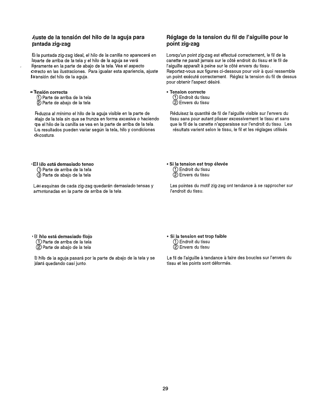 Kenmore 385.151082 owner manual Nsi6n correcta, Tension correete, Si la tension est trop 6tev6e ndroit du tissu 