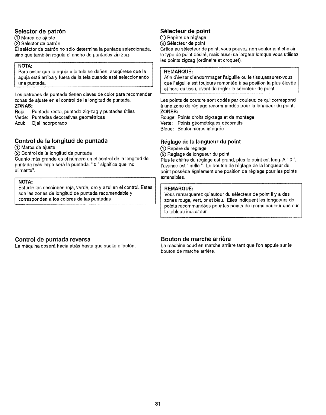 Kenmore 385.151082 owner manual Control de puntada, Reversa, Selector de patr6n, Siecteur de point 