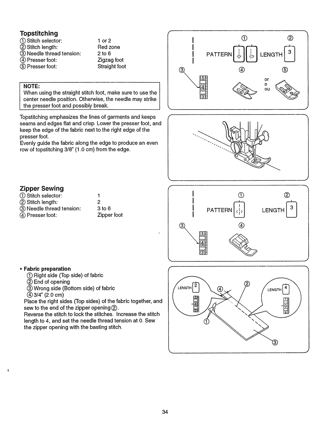 Kenmore 385.151082 owner manual Topstitching, Zipper, Sewing, Fabric preparation 