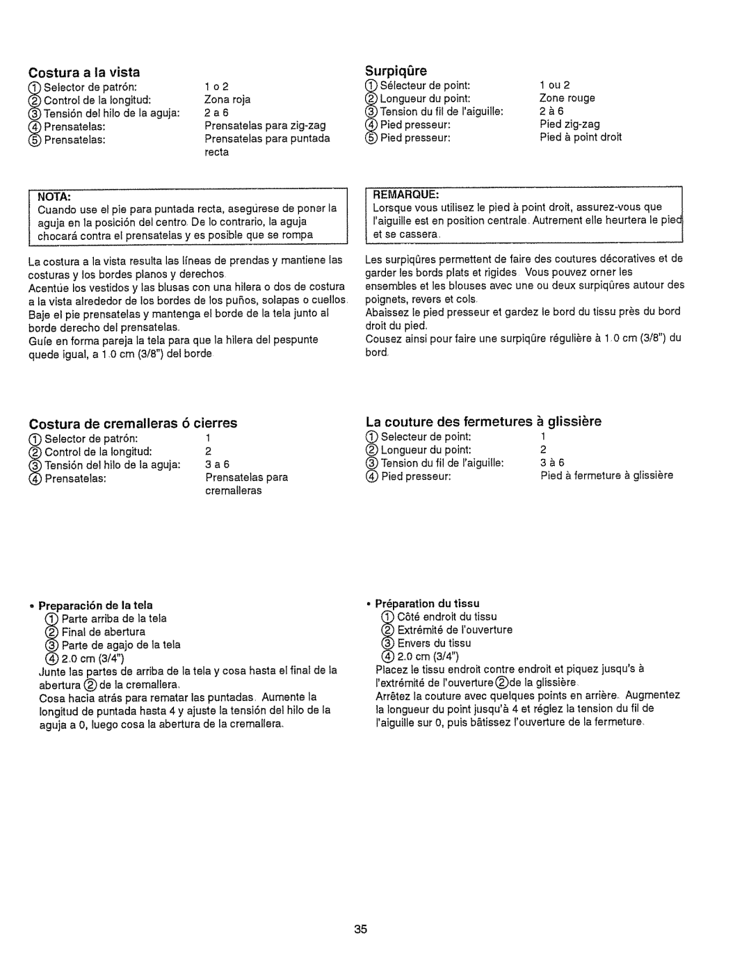 Kenmore 385.151082 owner manual Surpiqre, Costura de cremalleras 6 cierres, Costura a la vista, La couture, Glissibre 