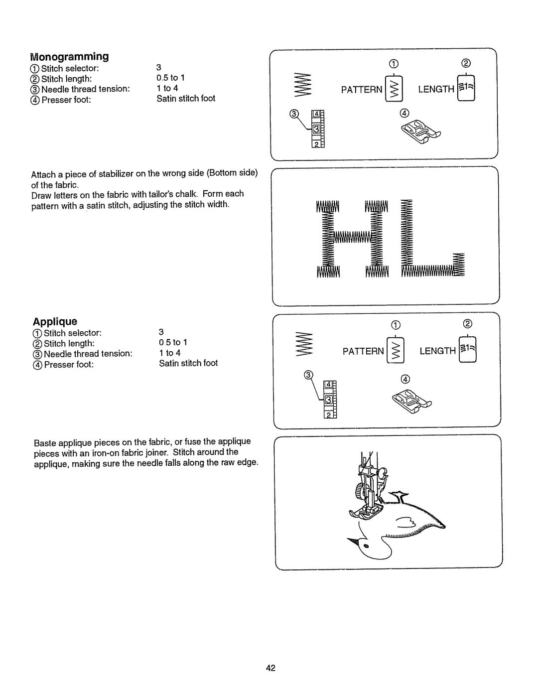 Kenmore 385.151082 Monogramming, Applique, Stitch selector Stitch length, Needle thread tension, Thread tension 