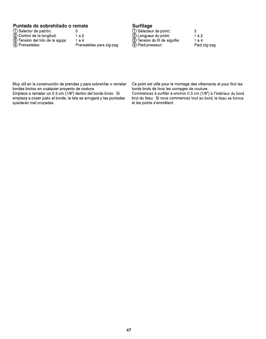 Kenmore 385.151082 owner manual Puntada De sobrehilado o remate, Surfilage 