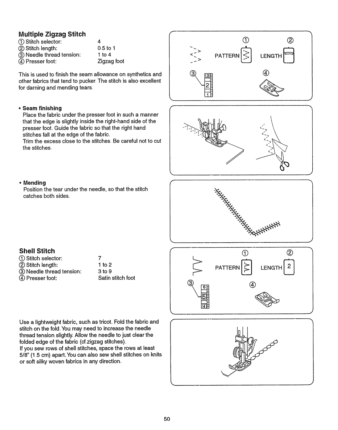 Kenmore 385.151082 owner manual Multiple Zigzag Stitch, Shell Stitch, Mending, Stitch selector Stitch length 