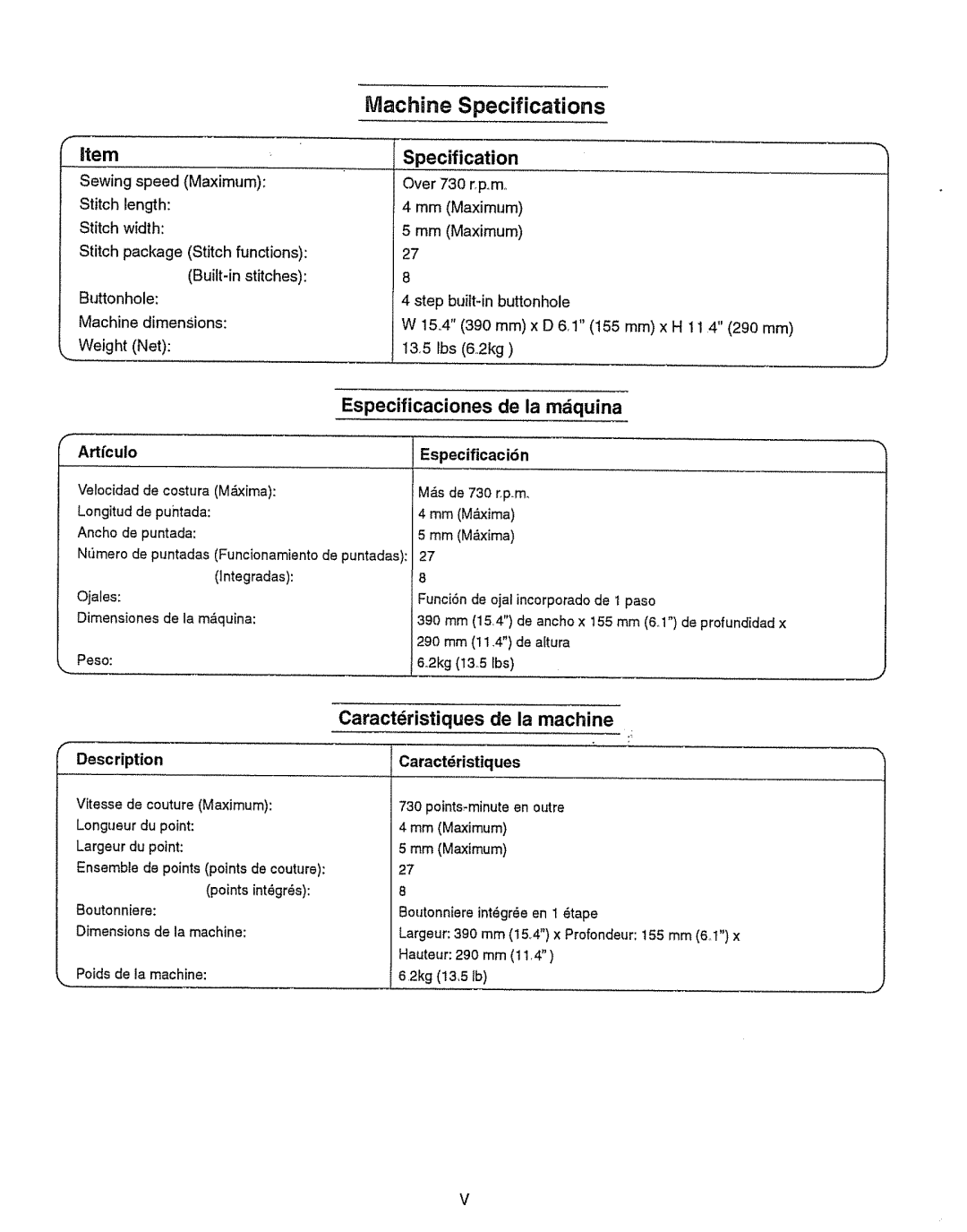 Kenmore 385.151082 owner manual Especificaciones de la miquina, Caractristiques de la machine, Artfcuio Especificaci6n 