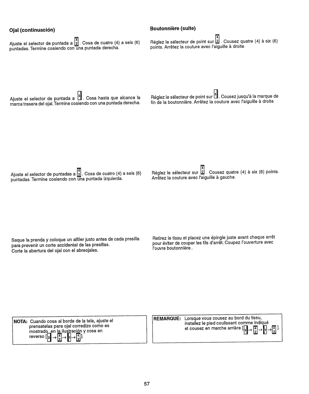 Kenmore 385.151082 owner manual Ojal continuaciSn, Boutonniere suite 