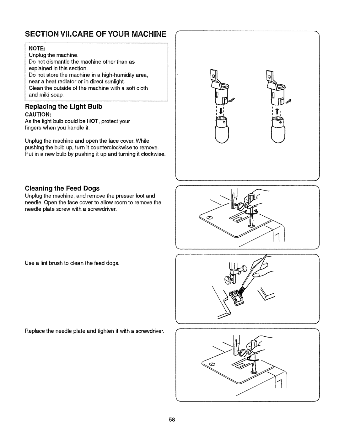 Kenmore 385.151082 owner manual Section VI.CARE of Your Machine, Replacing the Light Bulb 
